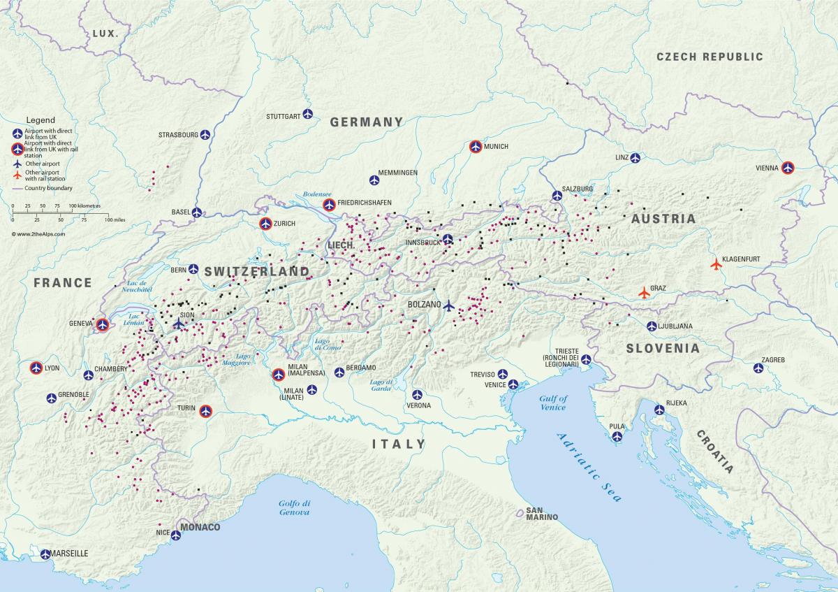 kort over østrig ski resorts lufthavne