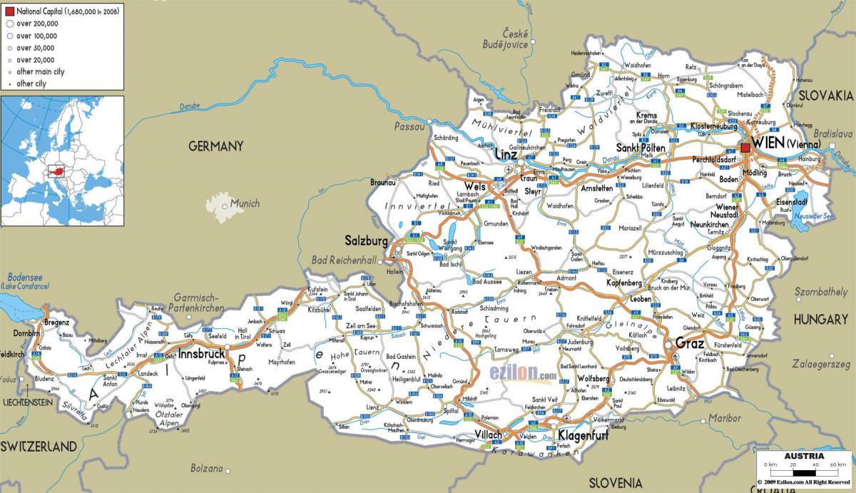 detaljeret kort over østrig med byer